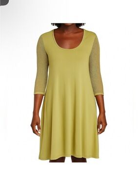 Asymmetrical Women’s Dress with Mesh Sleeves — Olive Green
